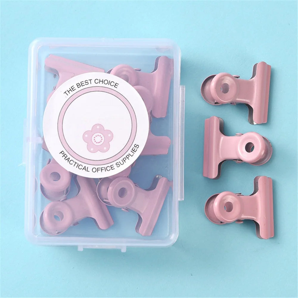 8pcs in Box Pink Metal Paper Clip Small Foldback Metal Binder Clips Purple Grip Clamps Document Office School Stationery Clip