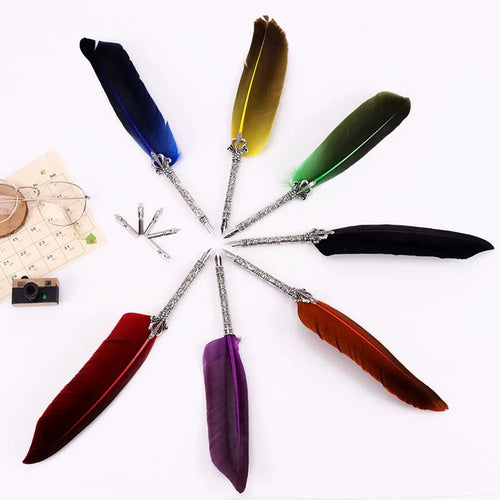 1 Set New Luxury Feather Pen 5 Nib Vintage Quill English Calligraphy Signature Pen European Gift Box Scuba Dive Writing Tools