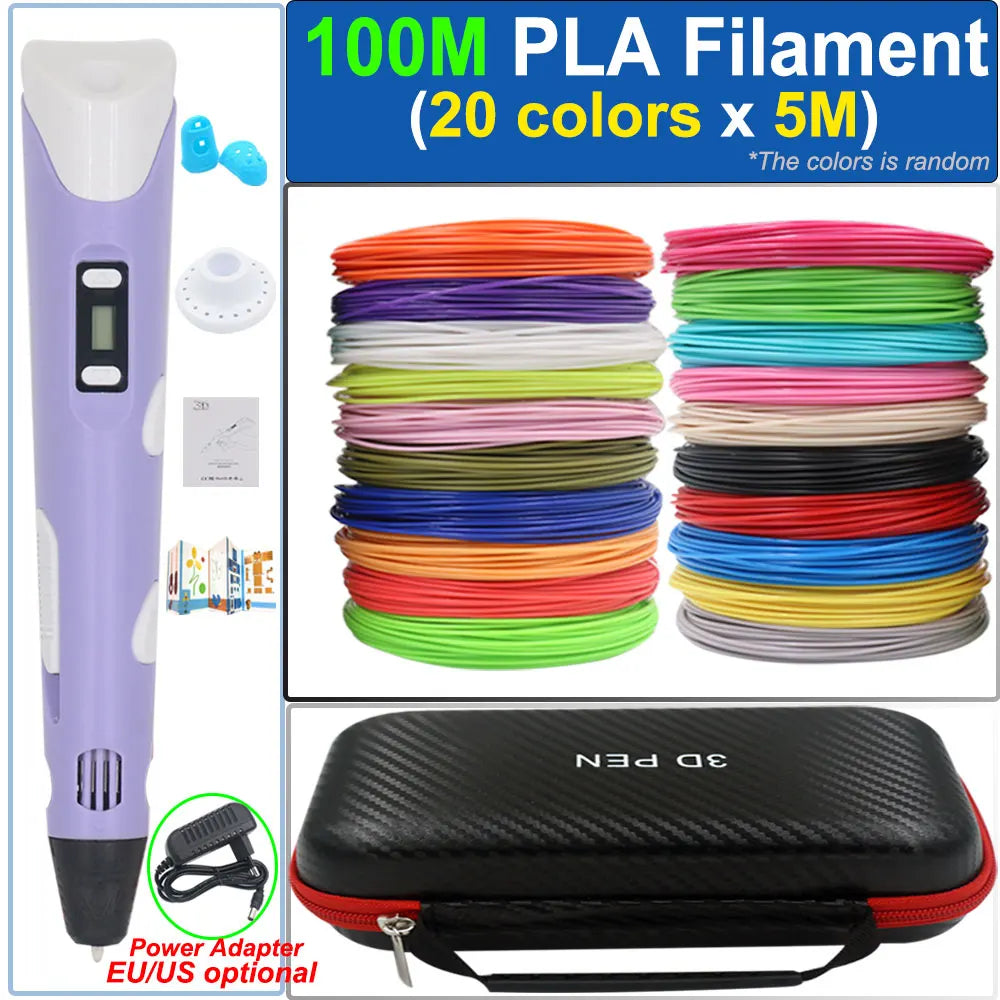 Children's 3D Pen 3D Drawing Printing Pen with LCD Screen Power Adapter 200M PLA Filament Toy Kids Christmas Birthday DIY Gift