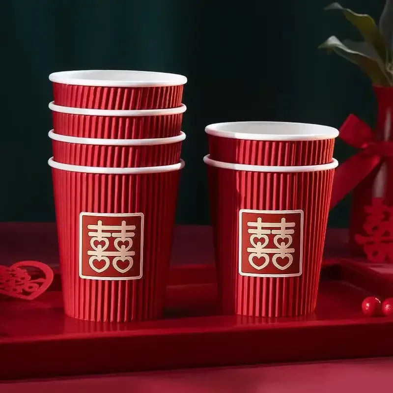 20Pcs/set Chinese Style Cups Wedding Supplies Three-Layer Thickening Disposable Wedding Decoration Red Cups for Party Supplies