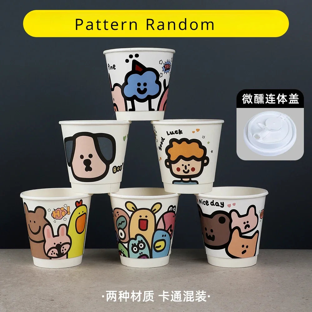 25pcs 90 Caliber Disposable Coffee Cups Fresh Milk Hot Drink Thickened Cartoon Paper Cup Milk Tea Takeaway Packag Cup with Lid