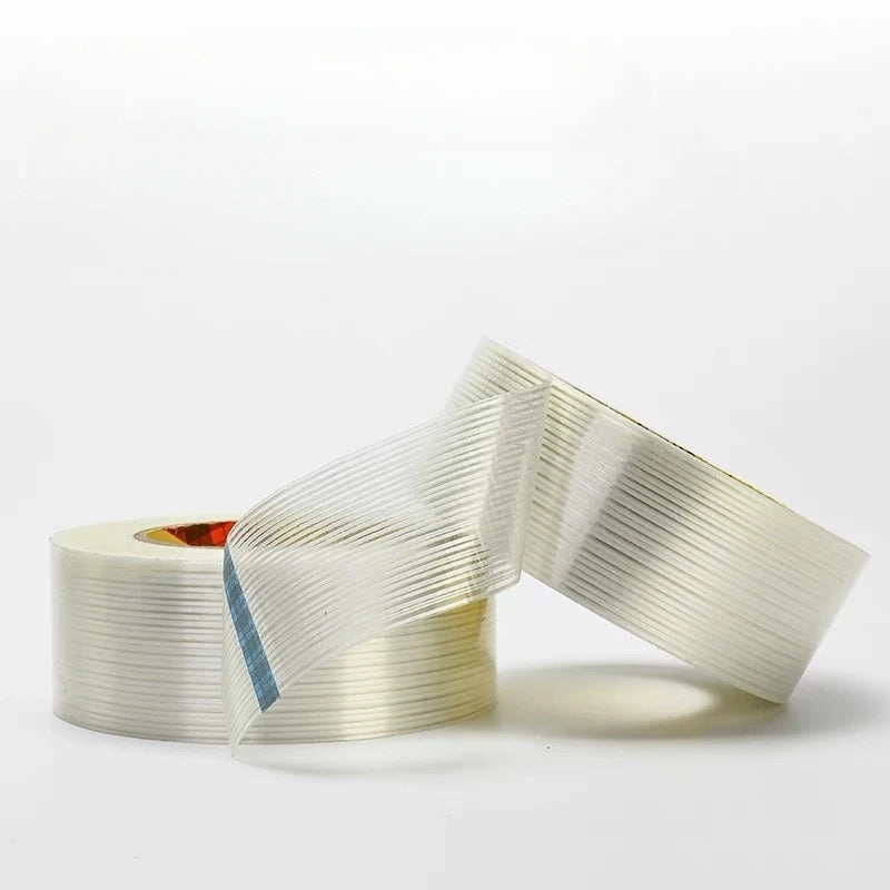 25m Striped Fiber Tape Transparent Single Side Adhesive Fiberglass Tape Insulation Wrap for Lithium Battery Pack Packaging Fixed