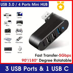 4-Port USB 3.0 Hub [90°, 180° Rotatable], USB Splitter, 3 USB Ports and 1 USB C Power/Data Port, USB Extender for Laptops, Cars,