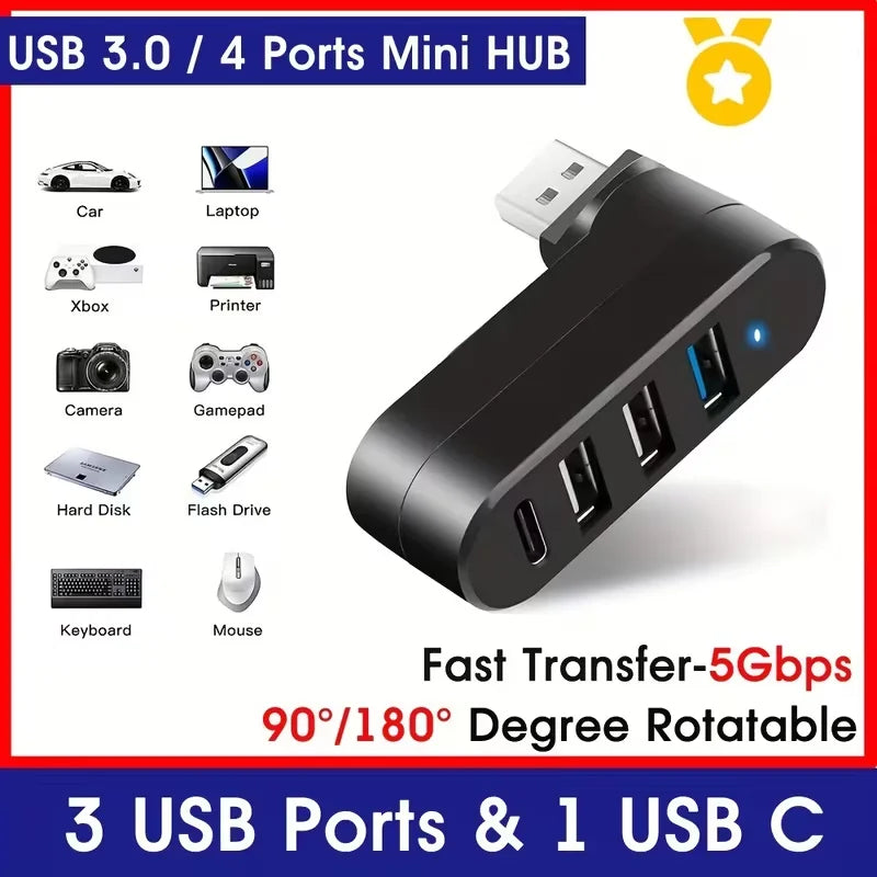 4-Port USB 3.0 Hub [90°, 180° Rotatable], USB Splitter, 3 USB Ports and 1 USB C Power/Data Port, USB Extender for Laptops, Cars,