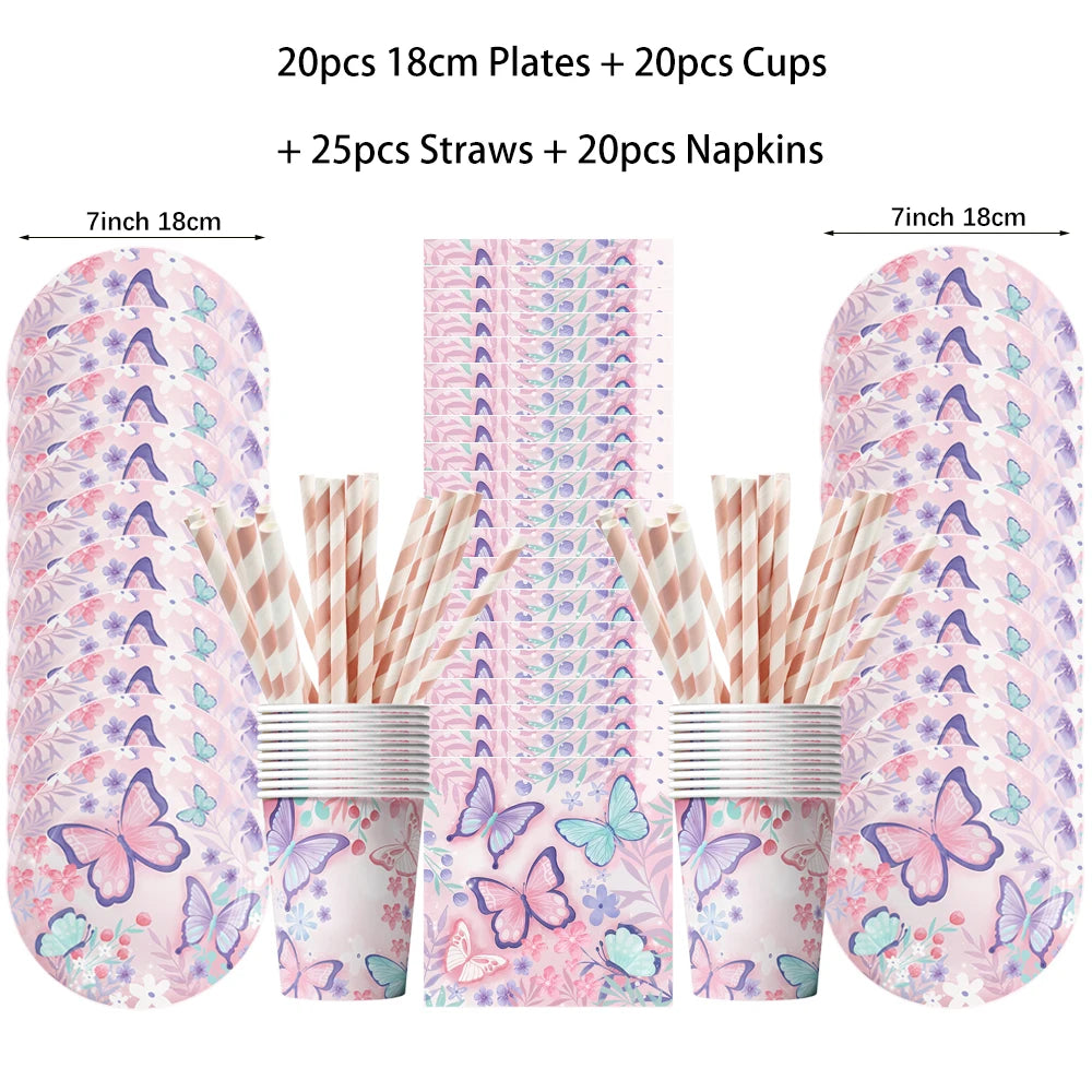 Butterfly Girls Birthday Party Disposable Tableware Fairy Pink Paper Plates Cups Napkin Tablecloth Birthday Party Decorations