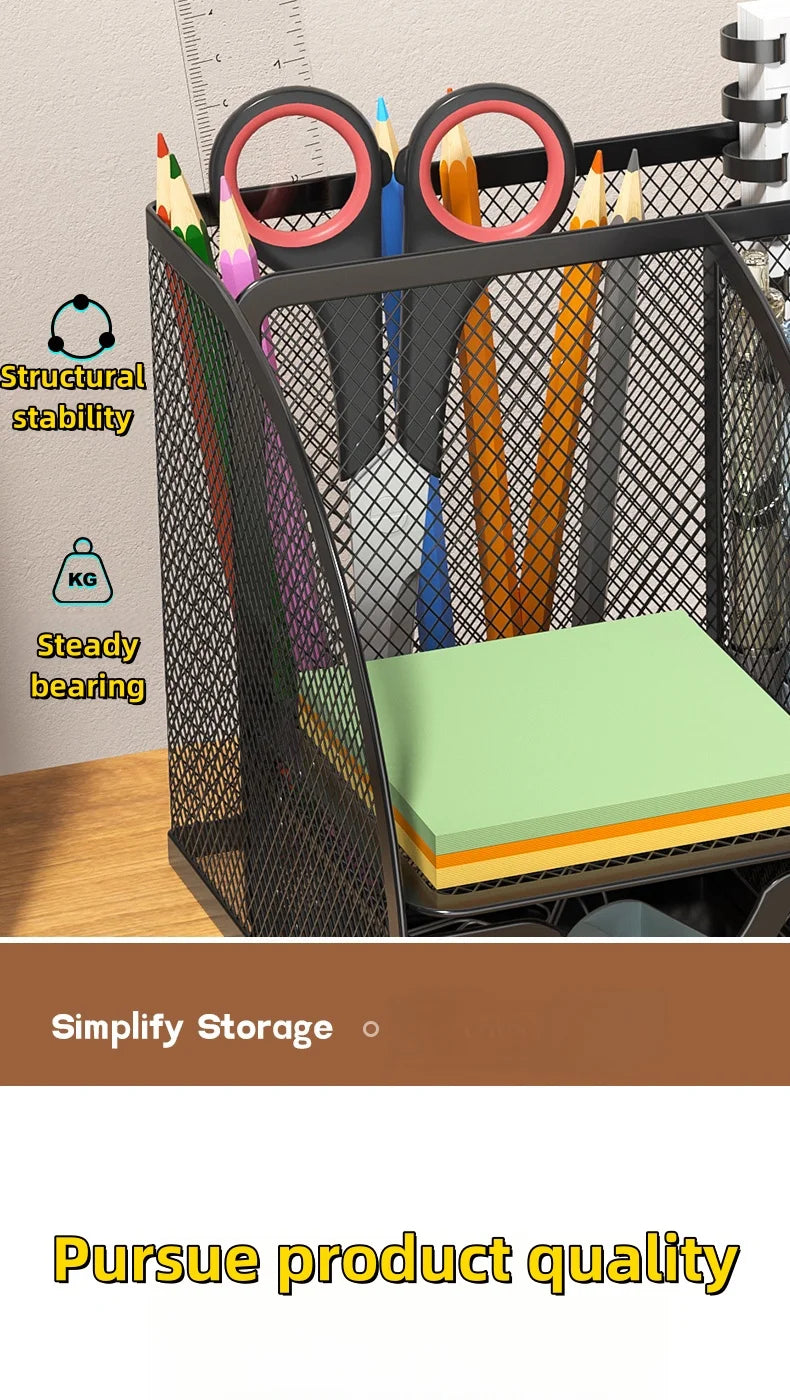Desk Stationery Organizer Creative Metal Pen Holder Pencil File Storage Rack 7 Grid Storage Box Divided Container Office Access