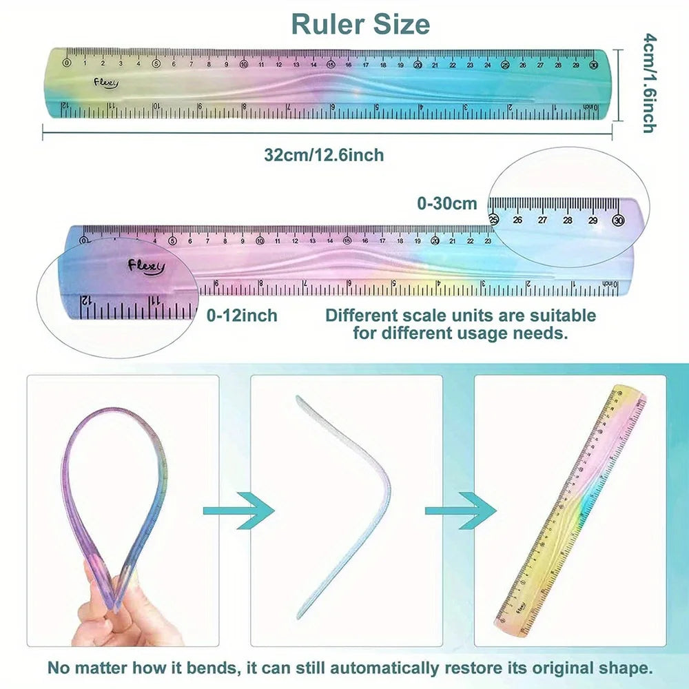 Flexible Colorful Ruler Tape Measure Bendable Soft Plastic Shatterproof Straight Edge Ruler For Classroom School Office Supplier