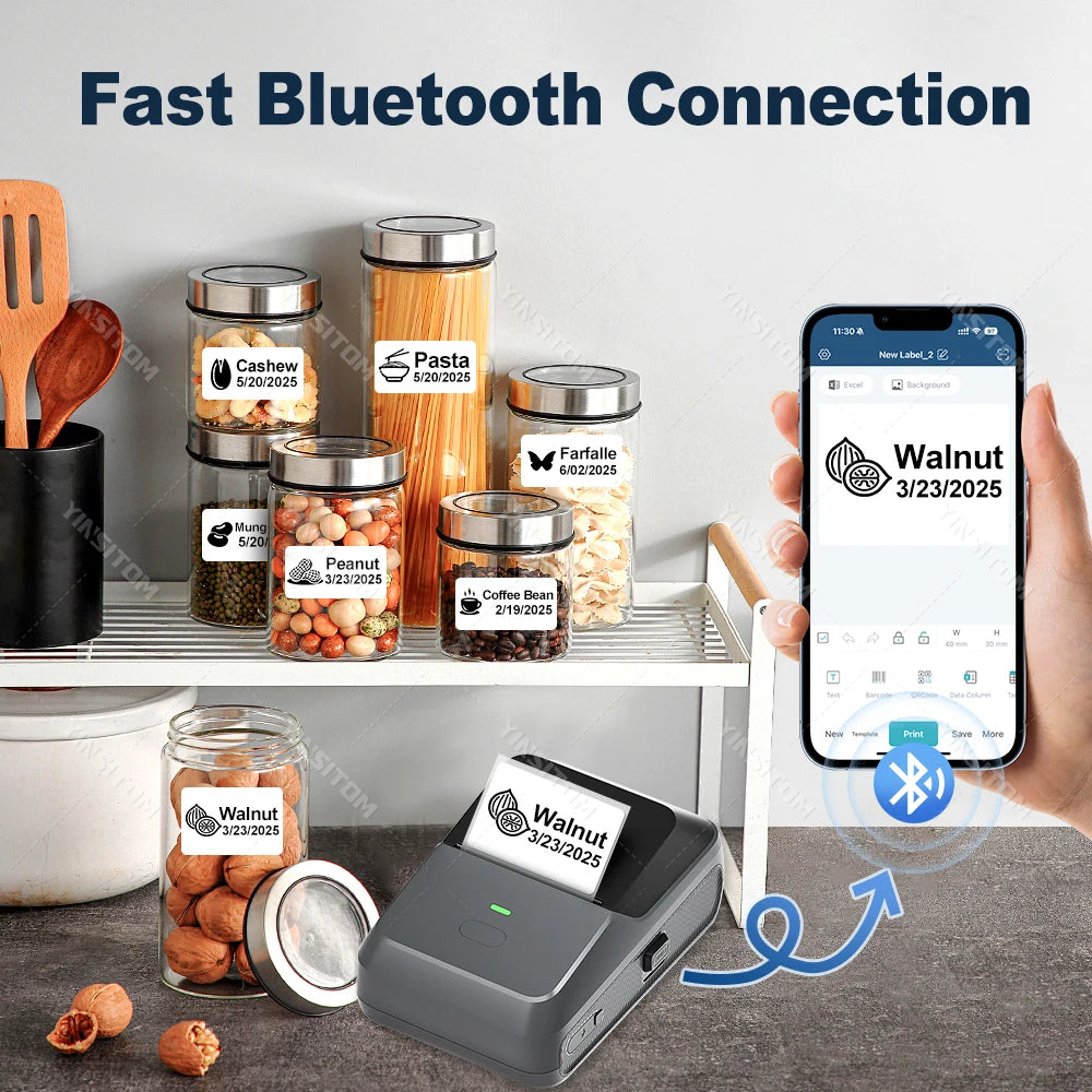 YINSITOM 20-50mm Mini Portable Thermal Printer Bluetooth Barcode Hand Multifunctional Price Label Sticker Maker Android / iOS