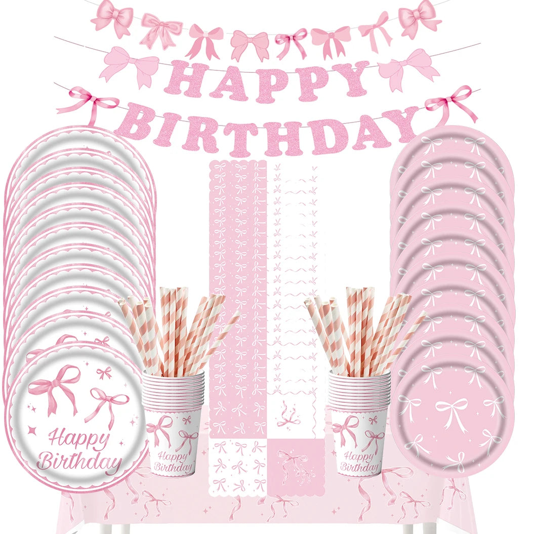Pink bow Birthday Disposable Tableware Set Paper Plates Cups Napkins Girls Party Decoration Supplies