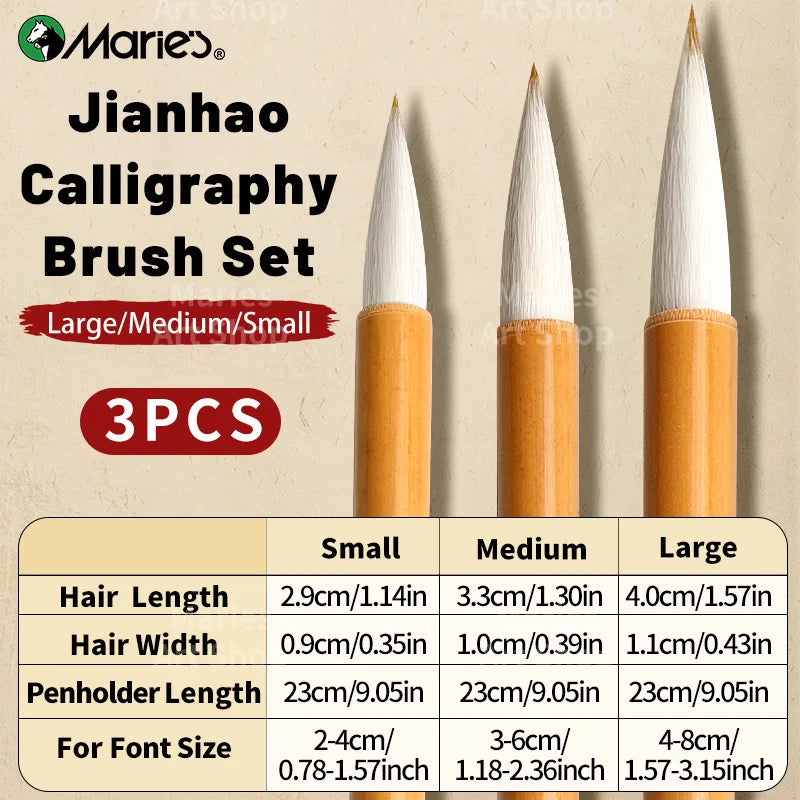 Marie's 3 pcs Jianhao Chinese Calligraphy Brush Set, Traditional Writing Watercolor Brush Ink Pen Kit for Small Regular Script,