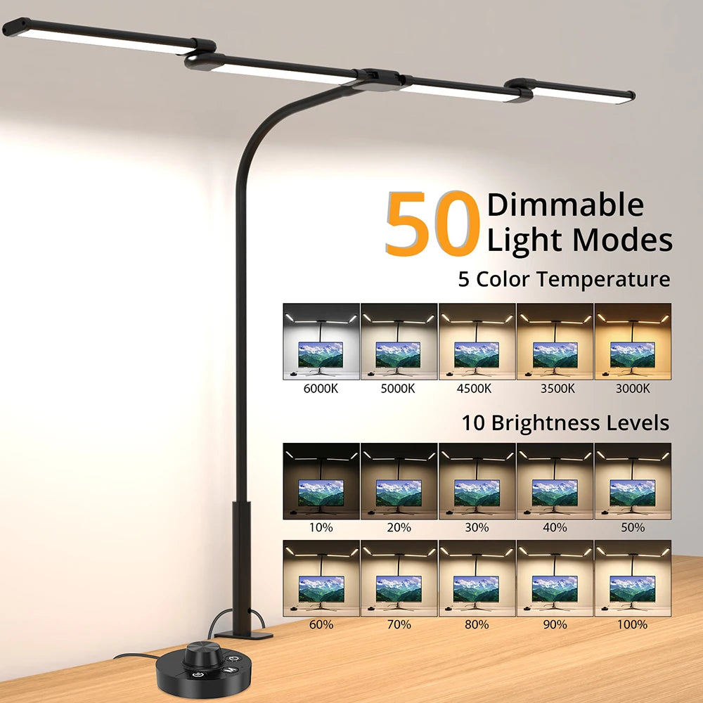 LED Ultra Bright Eye-Caring Desk Lamp 24W Stepless Dimming Flexible Gooseneck Clip-on Office Architect Desk Lamp PC Screen Lamp