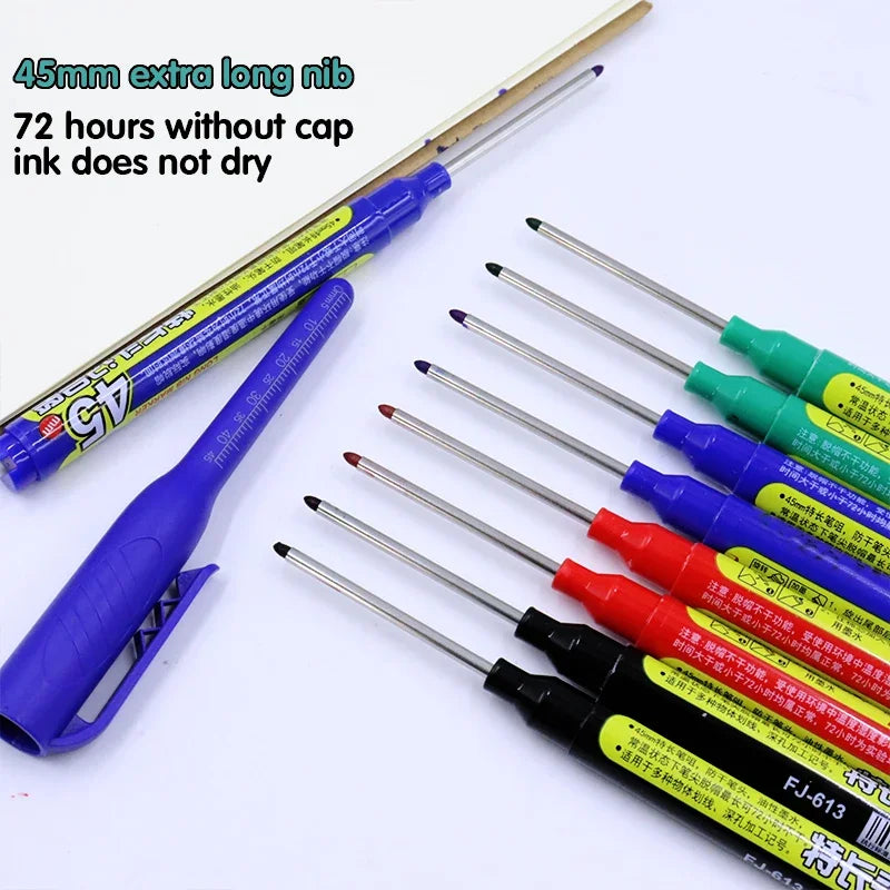 8Pcs 45mm Waterproof Long Head Nib Deep Hole Markers Pen Tile Carpenter Pen Multi-purpose for Woodworking Black/Blue/Red Ink