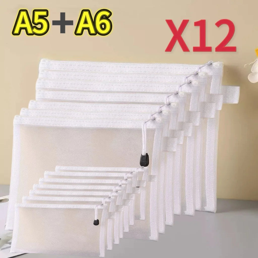 1-12pcs Mesh Zipper Pouch Student Waterproof Zip File Bag Makeup Bag School Office Supplies Miscellaneous Storage Organizer
