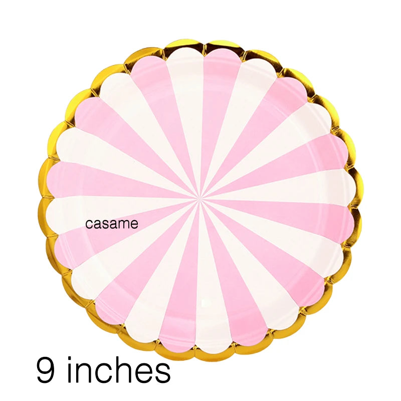 Pink Blue Stripe Dot Disposable Tableware Sets Paper Cups Plate Straws Fork Disposable Sets Wedding Birthday Party Decorations