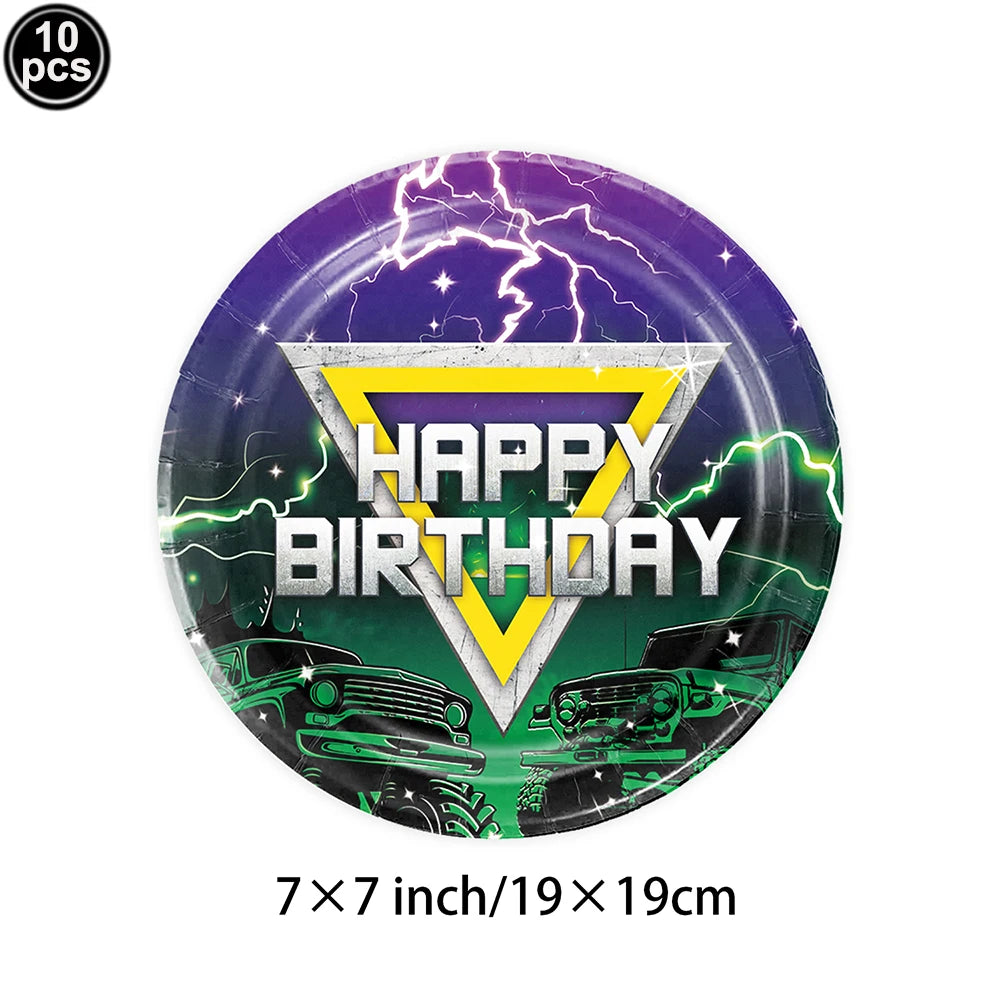 Monster Truck Party Supplies Disposable Tableware Plates Napkin Banner Tablecloth for Kids Boys 2nd Birthday Party Decorations