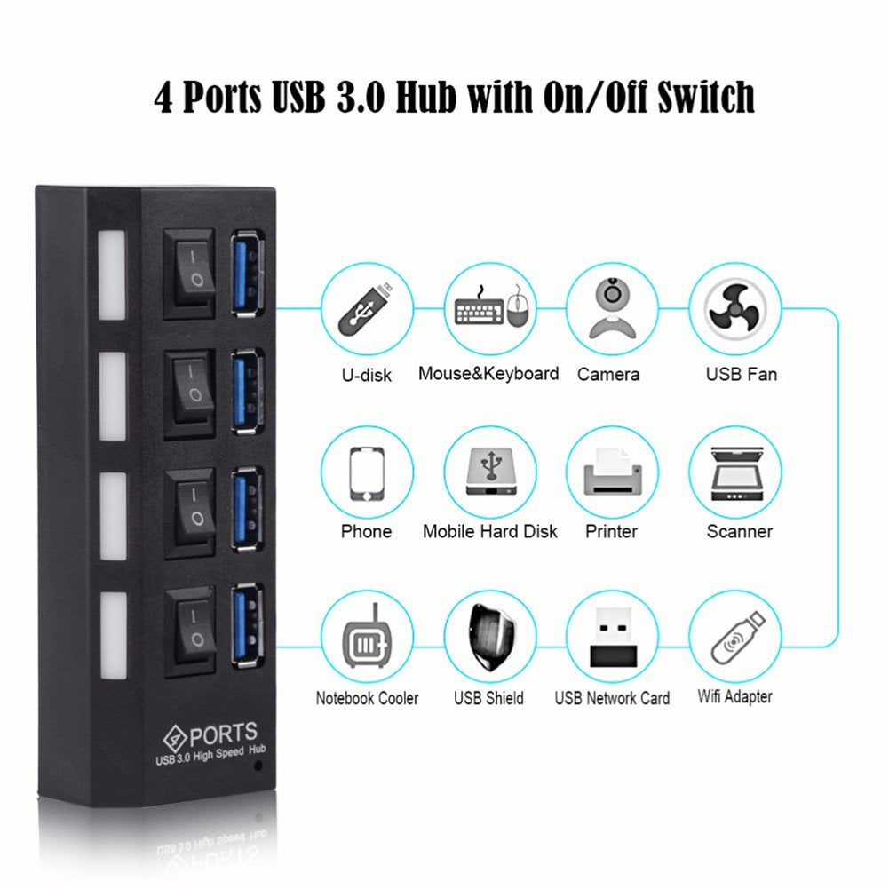Multi Ports USB HUB 3.0 4/7 Ports Portable Super Speed 5Gbps Multiple USB Port Expander with Switches Power Adapter For PC