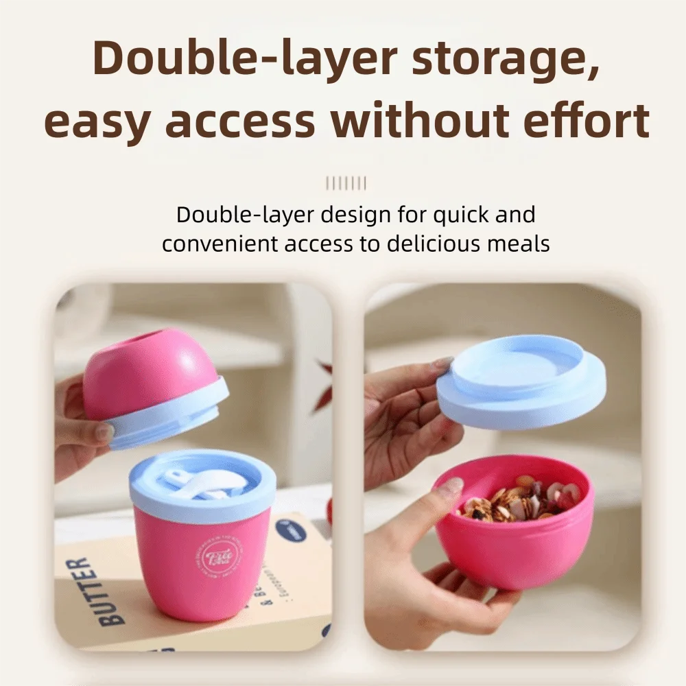 Double Layer Overnight Oats Container with Lids and Spoons Seal Breakfast Cup Milk Cup PP Large Capacity