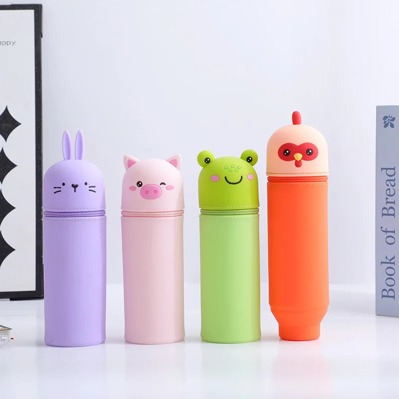 1PCS Kawaii Animals Silicone Telescoping Pencil Case Student Large Capacity Stationery Bag Giraffe/ Bee/Panda Learn Stationery