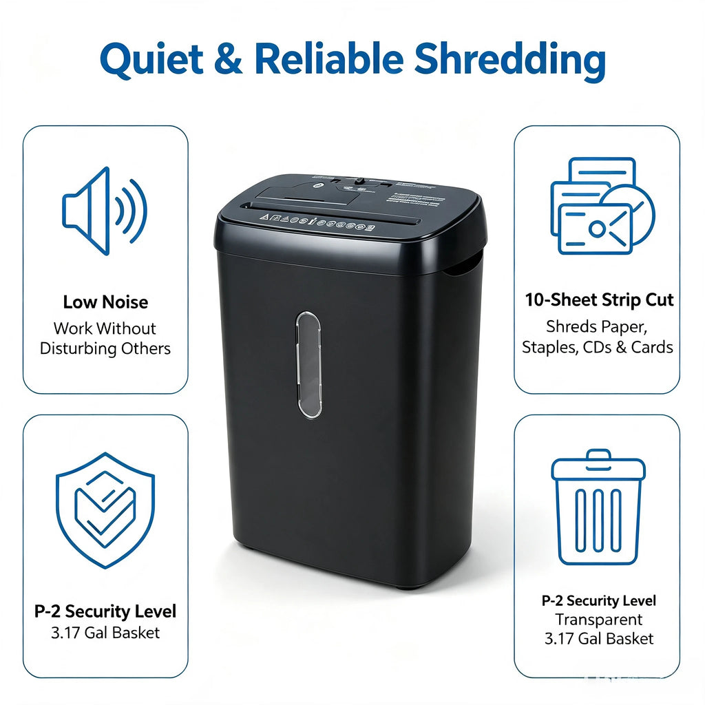Home Office Paper Shredder, 10-Sheet Strip Cut P-2 Security Level, CD & Credit Card Shredder, Low-Noise Jam-Proof, 5-Min Continuous Shredding, 3.17-Gallon Clear Basket