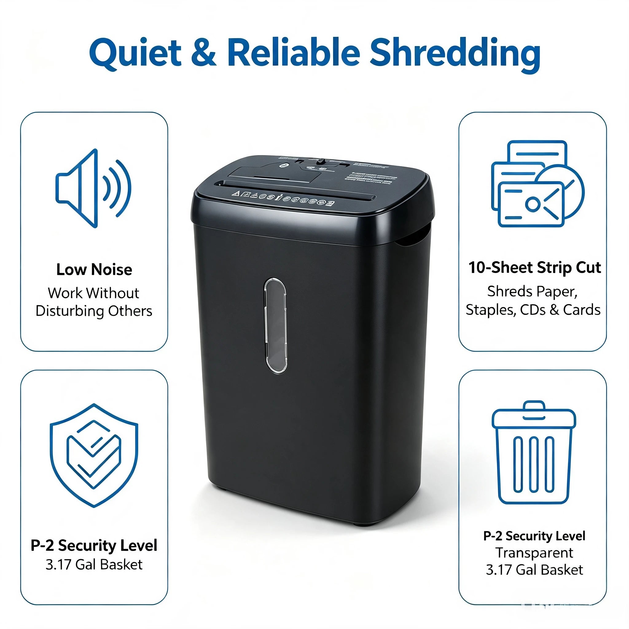 Home Office Paper Shredder, 10-Sheet Strip Cut P-2 Security Level, CD & Credit Card Shredder, Low-Noise Jam-Proof, 5-Min Continuous Shredding, 3.17-Gallon Clear Basket