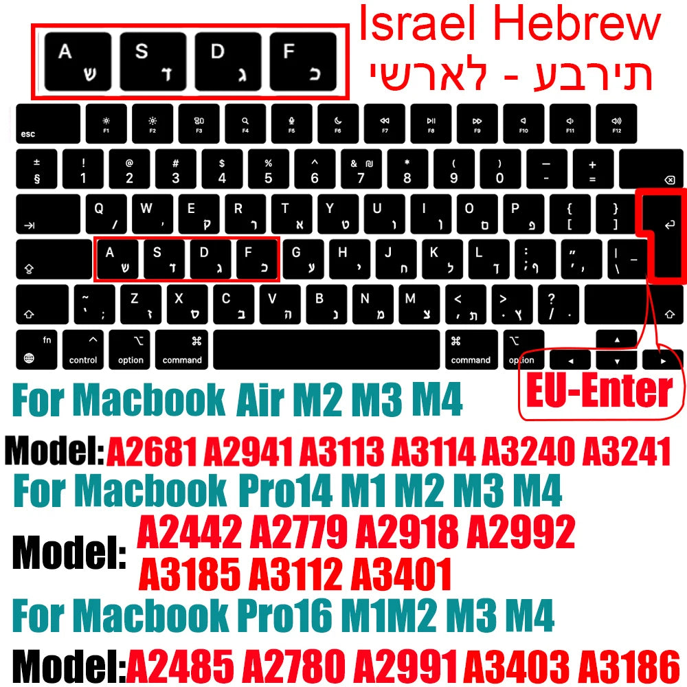 Hebrew Israel  Keyboard Cover for Macbook Pro14 A2442 Air13.6 M2 A2681 Pro13 M1 A2338 A2289 Waterproof Silicone protective film