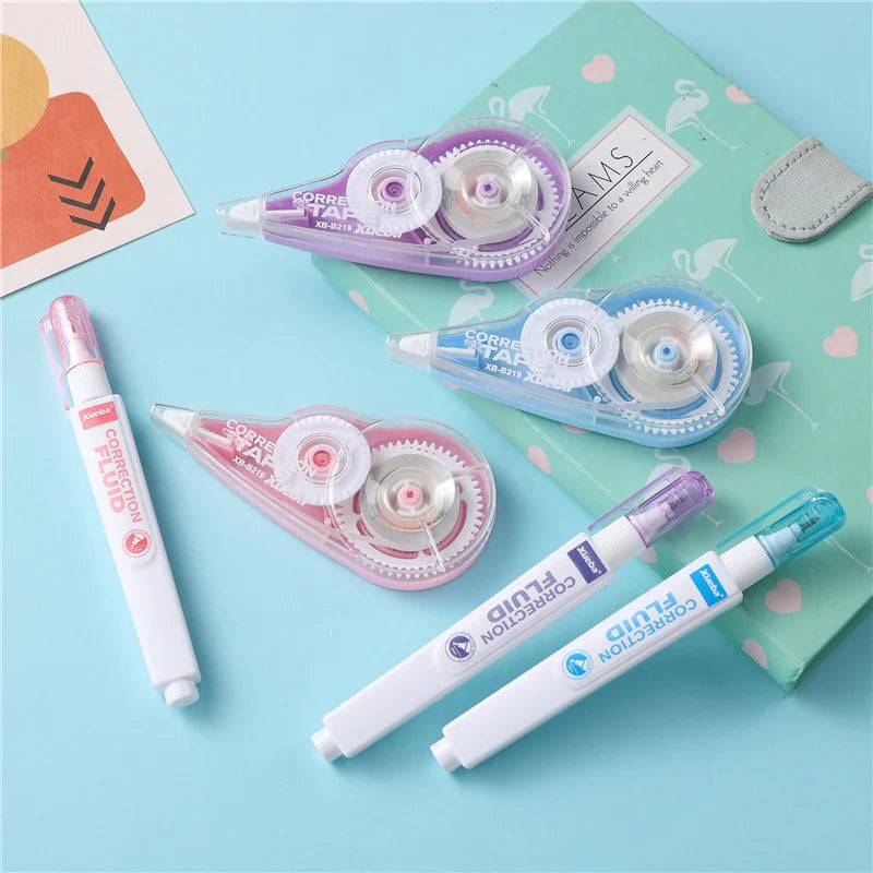 1 Correction Tape + 1 Correction Liquid Kawaii White Out Combo Quick Dry & Clean Finish Student Mistake Cover Tools Stationery