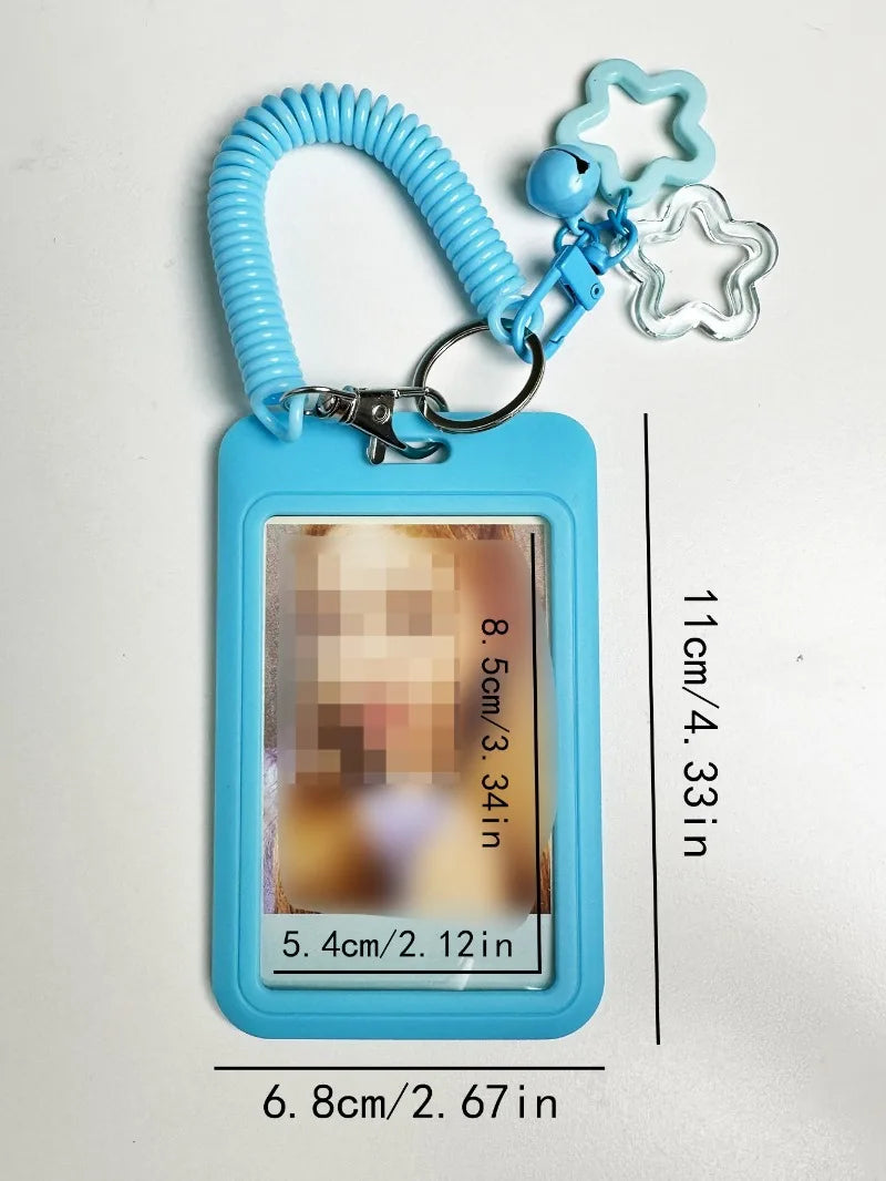 Cute Simple Protective Card Holder with Keychain Colorful Star Retractable Spring Lanyard ID Card Photo Postcard Holder Charms