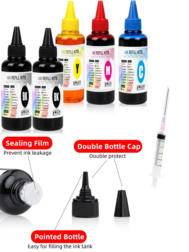 100ml Universal Dye Ink BK C M Y Kit Compatible For HP Canon Epson Brother Deskjet Inkjet Printer Tank Cartridges CISS