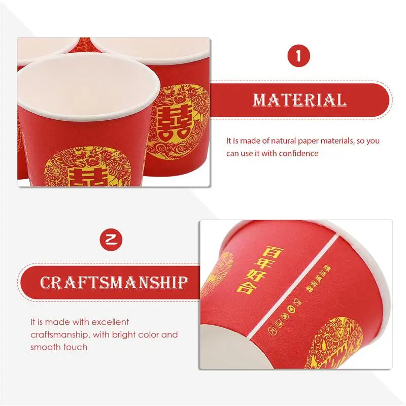 100Pcs Red Double Happiness Paper Cup Chinese-style disposable Festival Tea cup Wedding Banquet Serving drinking cups