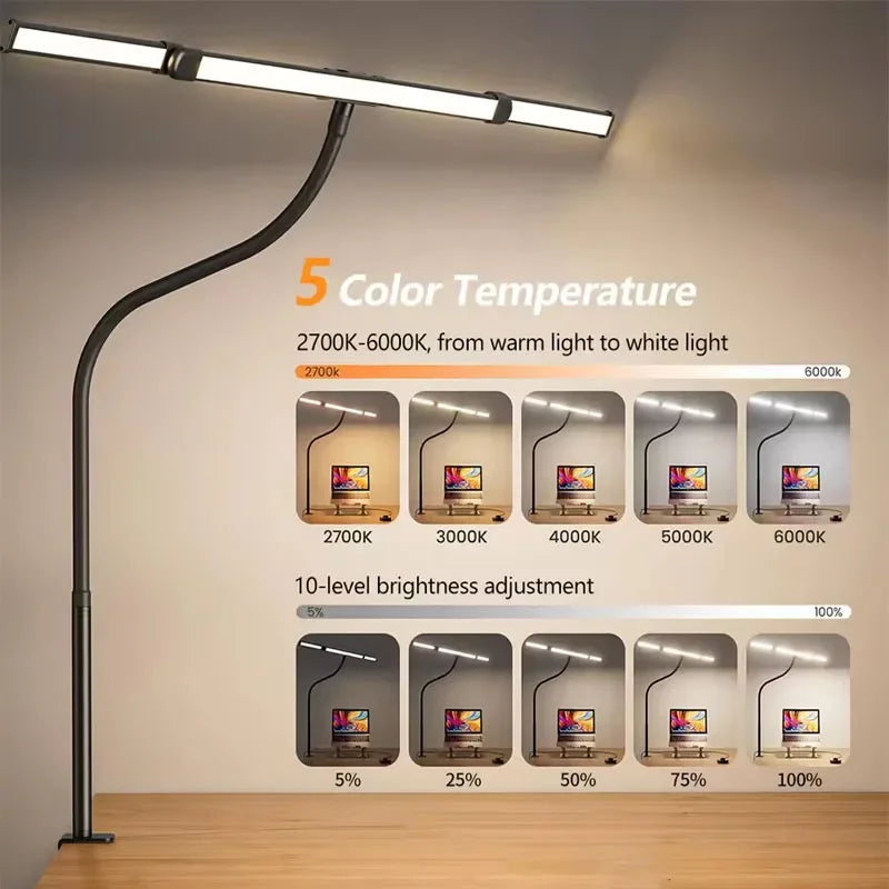 LED Desk Lamp Eye-Caring Desk Light with Stepless Dimming Adjustable Flexible Gooseneck with Clamp for Reading Study Workbench