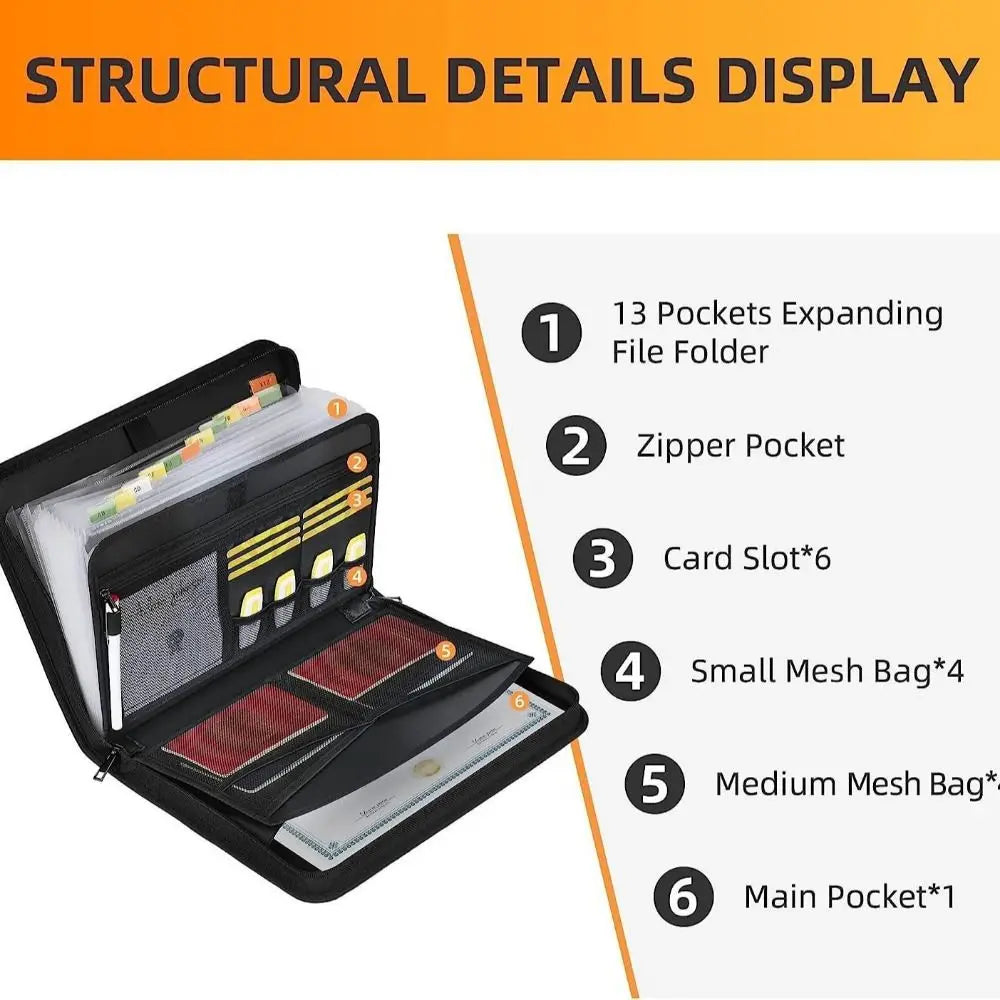 Fireproof Expanding File Folder Zipper Closure Waterproof Accordion File Organizer Space Saving Multi Pockets A4 Files Briefcase