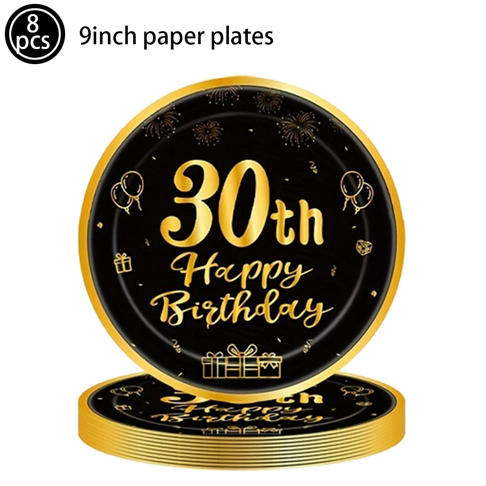 Happy Birthday 30 Year Old Disposable Tableware Black Gold Plate Tablecloth Banner For 30th Birthday Party Decorations  Supplies