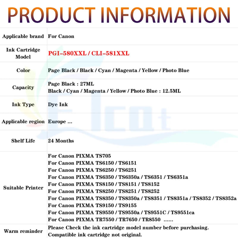 PGI-580 CLI-581 PGI580 CLI581 Ink Cartridge 580XXL 580XL For Canon PIXMA TS6150 TS6250 TS6350 TS705 TS8150 TS9150 TS8350 Printer