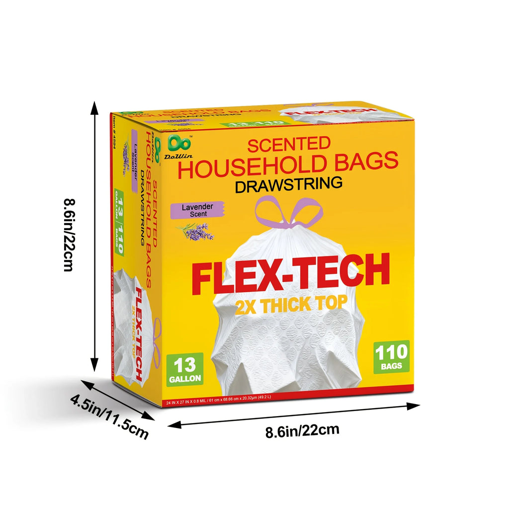13 Gallon Lavender Scented Drawstring Trash Bags, Odor Neutralizing Household Garbage Bags, Flex-Tech 2X Reinforced Thick Top Ki
