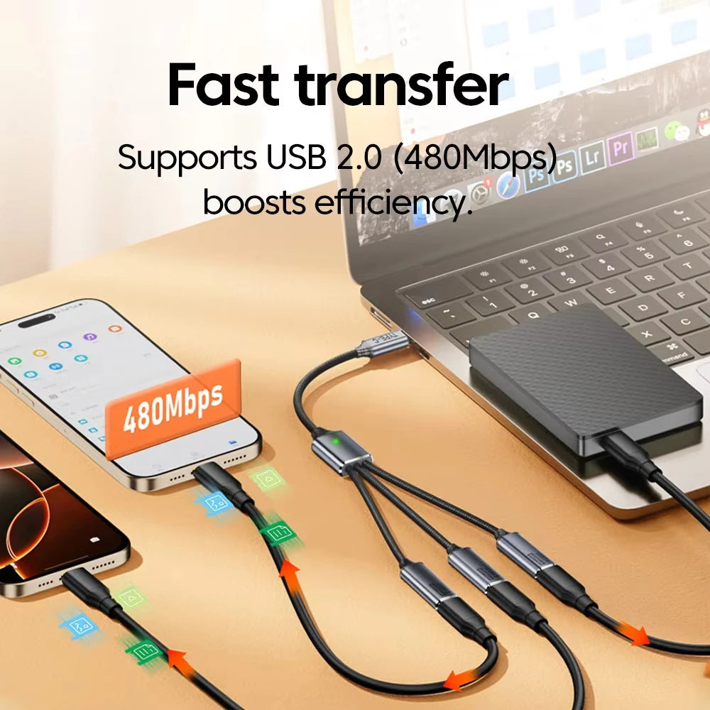NNBILI 3 in 1 USB A/Type C Splitter HUB Expansion Cable Multi Port Expander Phone Charger  Adapter OTG Charging For Phone Table