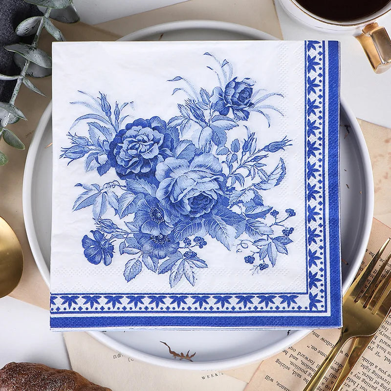 Disposable Blue Flower Porcelain Printed Napkins Birthday Wedding Tea Party Restaurant Party Decoration Tissue