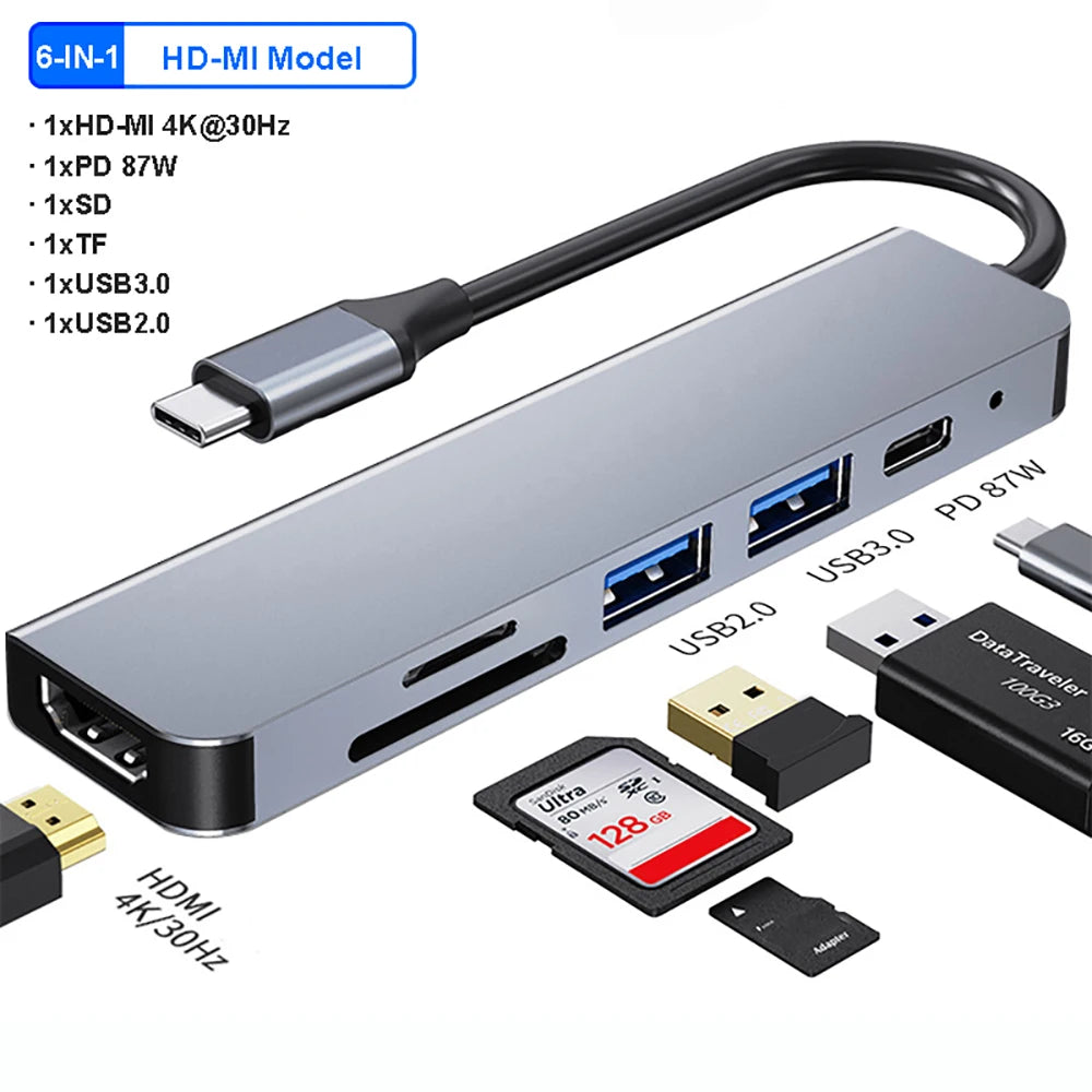 6 in 1 USB C Hubs Type C 3.0 Adapter to 4K HDMI SD TF Card PD Fast Charge Splitter USB Docking Stations Hub for MacBook Computer