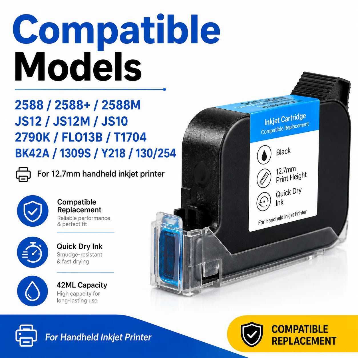 2588 2588+ 2588M 42ML Quick Dry Ink Cartridge 12.7mm Print Height for Handheld Inkjet Printer Compatible Replacement