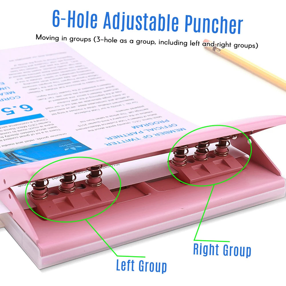Adjustable 6-Hole Desktop Punch Puncher for A4 A5 A6 B7 Dairy Planner Organizer Six Ring Binder with 6 Sheet Capacity