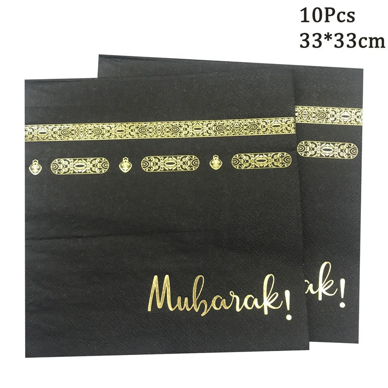 Black Gold Hajj Mubarak Disposable Paper Plates Cups Napkins Banner Balloons Home 2026 Eid Mubarak Islamic Muslim Party Supplies