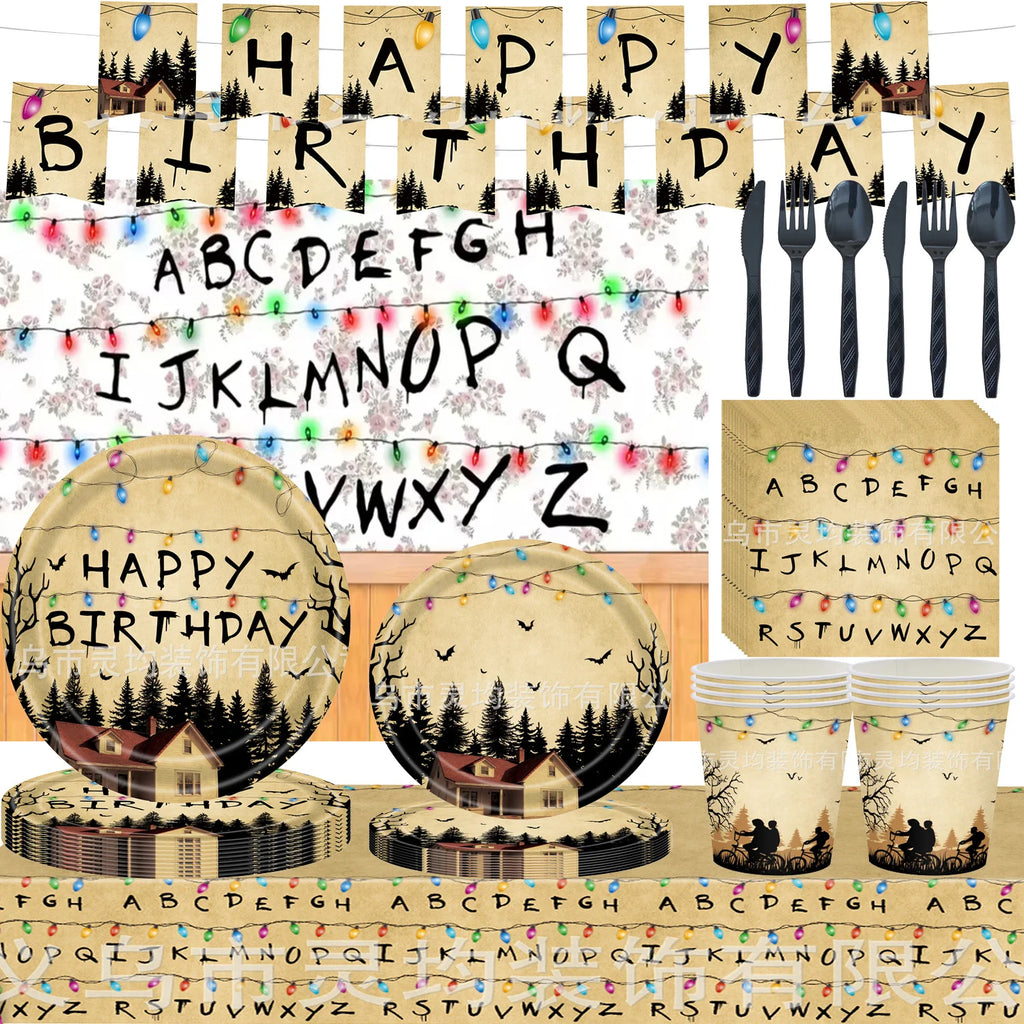 Stranger Theme Birthday Party Tableware Decoration American TV Paper Plate Napkin Banner Lights Alphabet Backdrops Kids Supplies