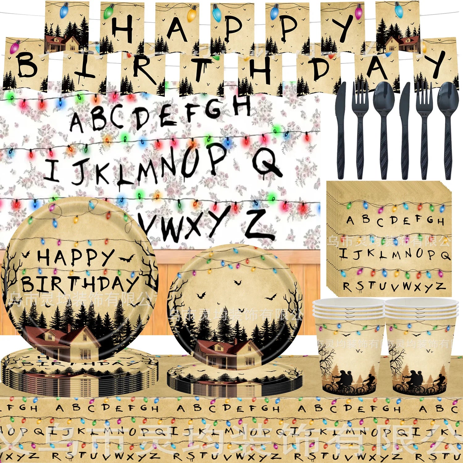 Stranger Theme Birthday Party Tableware Decoration American TV Paper Plate Napkin Banner Lights Alphabet Backdrops Kids Supplies