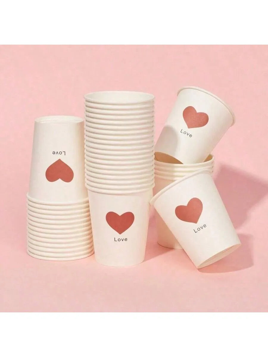 50 Simple Love Pattern Paper Cups, Thickened Office Home Commercial Beverage, Anti-Slip Leak-Proof 250ML Disposable Paper Cups