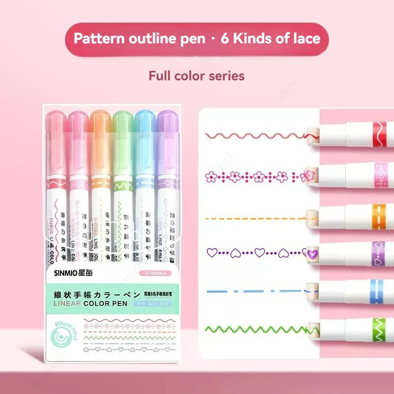 6-24pcs/set Heart Flower Line Shape Highlighter Pen Roller Tip Curve Liner Marker Kawaii Cute Stationery School Supplies