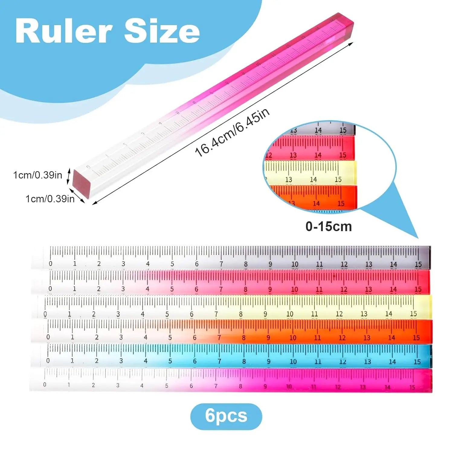1pcs Colorful Clear Straight Ruler 15cm Four Edges Acrylic Transparent Gradient Lightweight Measuring Tools for Students A7795