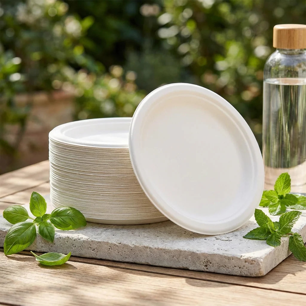 50 Pack Premium  Compostable Plates, Sugarcane Fiber Material Heavy Duty Disposable Tableware for Home Outdoor Use Eco Conscious