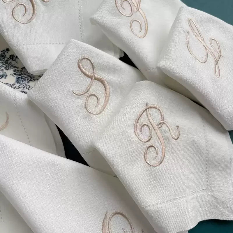 Script Font Monogram Embroidered White Dinner Cloth Napkins, White Housewarming Gift Wedding Event Napkin
