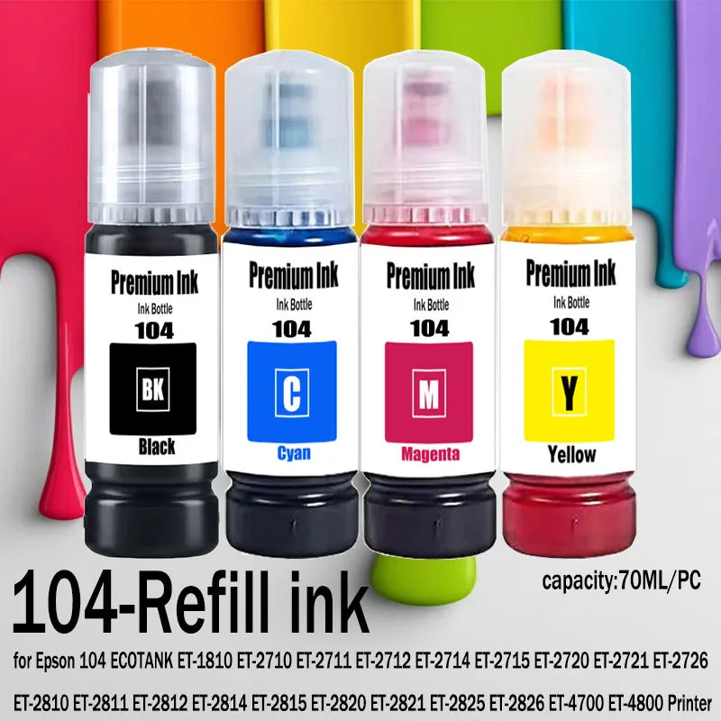 104 Premium Color Compatible Bulk Bottle Water Based Refill Ink For Epson ECOTANK ET-2821 ET-2825 ET-2826 ET-2830 Printer