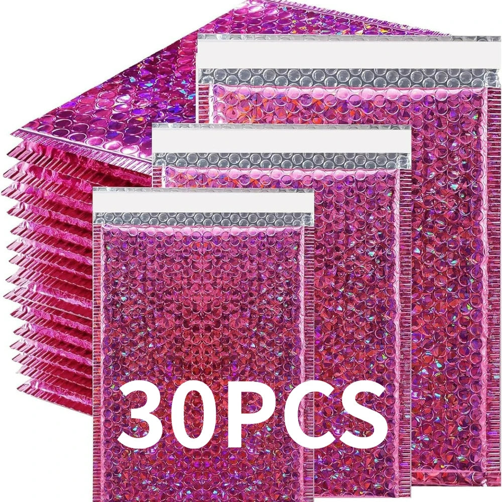 Holographic Pink Bubble Mailers Self Seal Padded Envelopes Waterproof Shipping Bags for Small Business