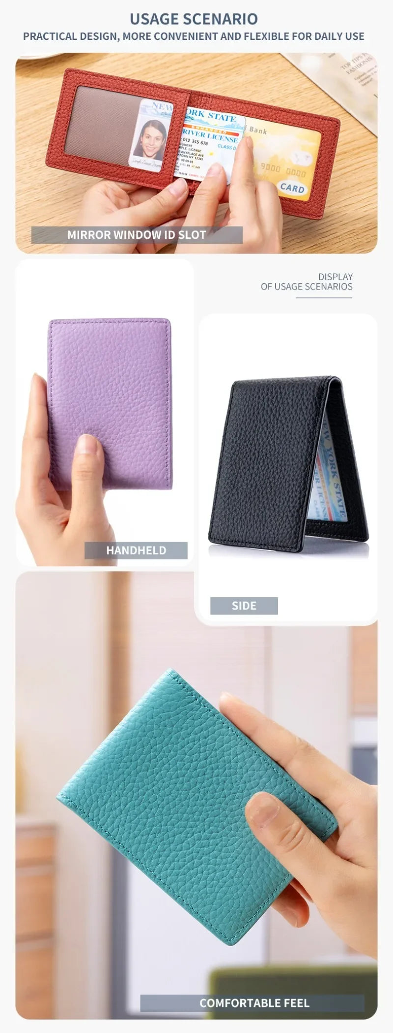 Thin Minimalist Bifold Design Driver's Licence Cover Genuine Leather ID Badge Window Slot Credit and Debit Vaccinum Cards Holder